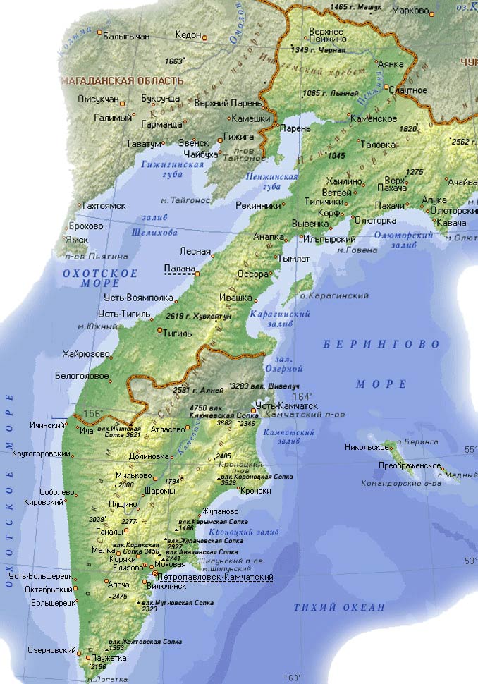 Современная карта полуострова Камчатка