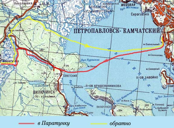 Примерный маршрут описываемого путешествия (лето 1853 года) на современной карте Камчатки