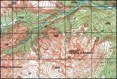 Вулкан Ахтанг на топографической карте полуострова Камчатка