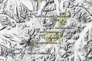 Горы Большой Паялпан на рельефной карте Камчатки