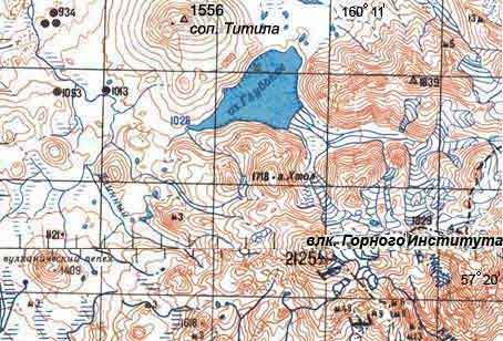 Вулкан Титила на топографической карте Камчатки