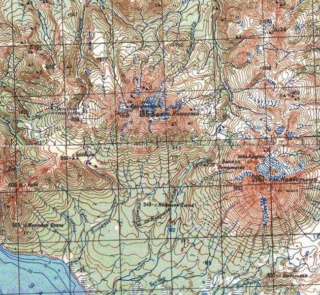 Вулканы Камбальная Сопка и Кошелева на топографической карте
