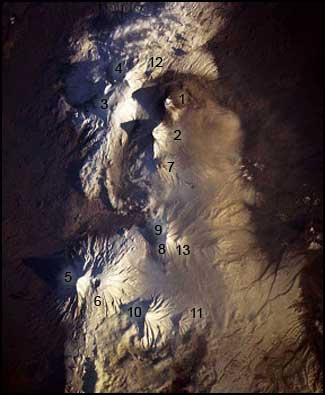 Вулканы Ключевской группы на снимке из космоса