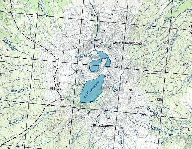 Вулкан Ксудач на топографической карте Камчатки