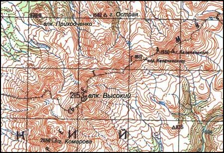 Вулкан Высокий на топографической карте Камчатки