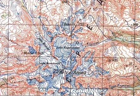 Вулкан Алней на карте Камчатки