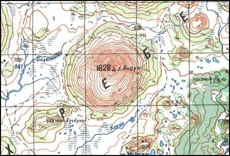 Вулкан Анаун на топографической карте