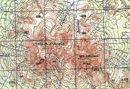 Вулканы Асача и Желтый на топографической карте Камчатки