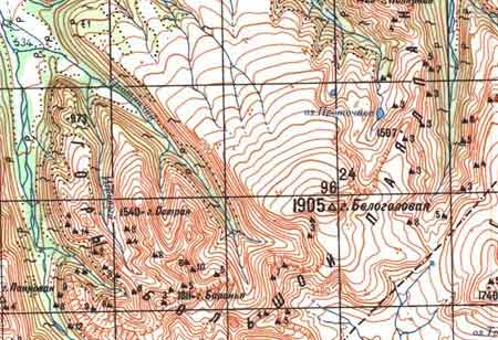 Горы Большой Паялпан на топографической карте Камчатки