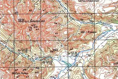 Вулкан Бонгабти на топографической карте Камчатки