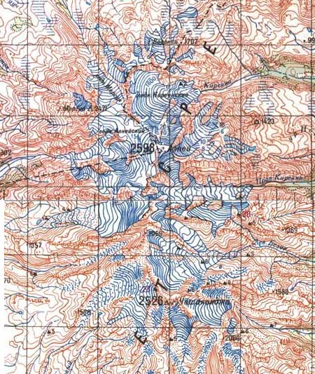 Вулкан Чашаконджа на топографической карте Камчатки
