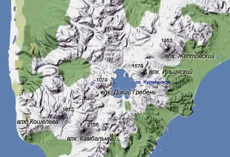 Вулкан Дикий Гребень на рельефной карте Камчатки