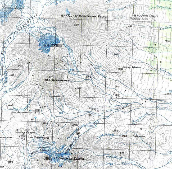 Карта окрестностей вулкана Безымянного на Камчатке