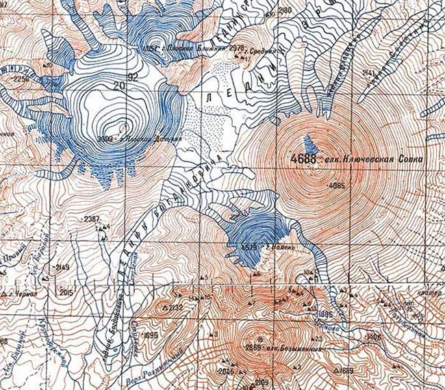 Ключевская группа вулканов на топографической карте Камчатки