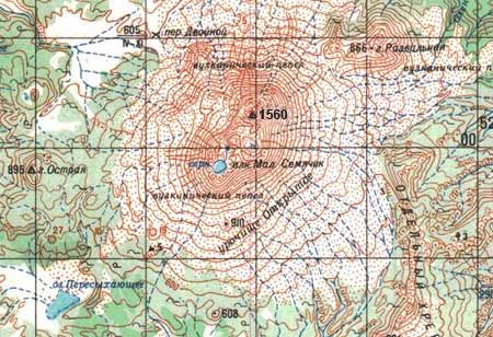 Вулкан Малый Семячик на топеографической карте Камчатки