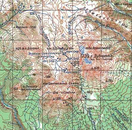 Вулканы массива Большой Семячик на топографической карте Камчатки