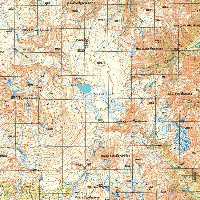 Вулкан Горелая Сопка на топографической карте Камчатки