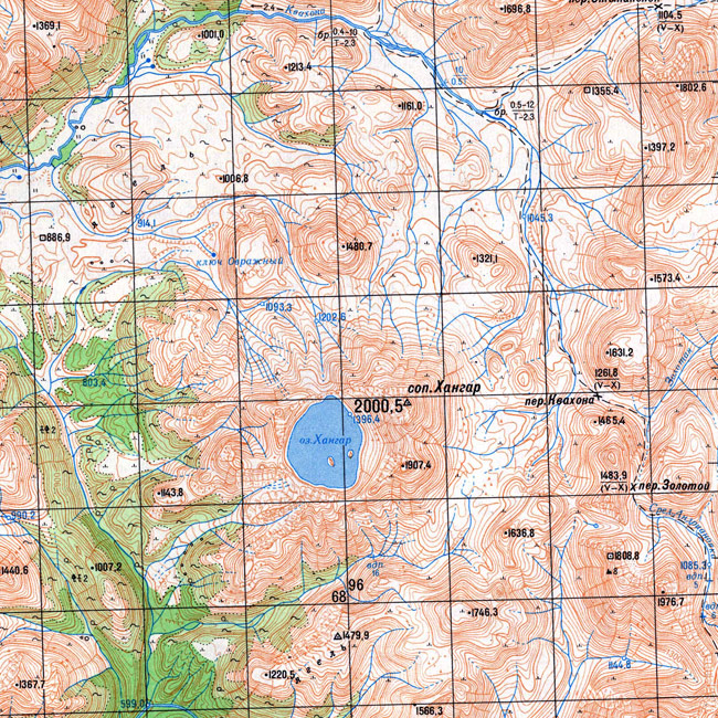 Вулкан Хангар на топографической карте Камчатки