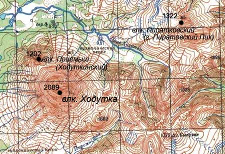 Вулканы Ходуткинского массива на топографической карте Камчатки