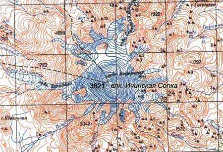 Вулкан Ичинская Сопка на топографической карте Камчатки