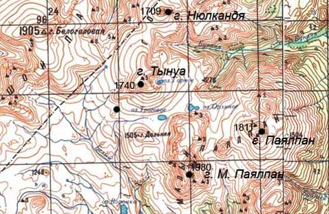 Вулканы Ичинского вулканического района Малый Паялпан, Нюлкандя, Паялпан и Тынуа на топографической карте Камчатки