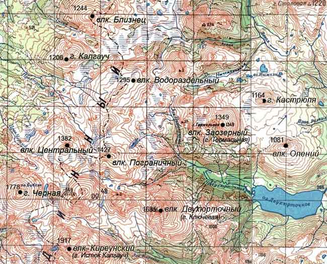 Вулканы Калгаучской группы на топографической карте Камчатки
