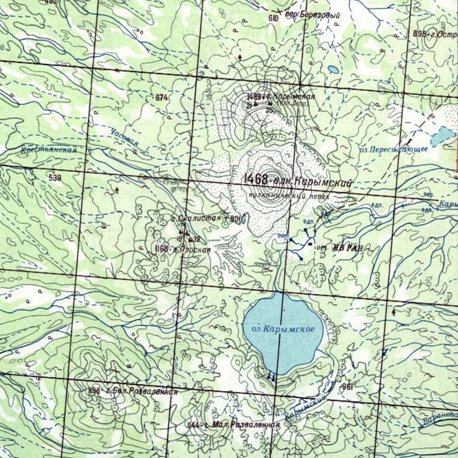 Карымский вулкан и озеро Карымское на топографической карте Камчатки