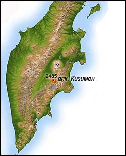 Месторасположение вулкана Кизимен на карте Камчатки