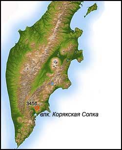 Месторасположение вулкана Корякская Сопка на карте Камчатки
