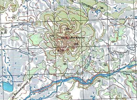 Вулкан Малая Ипелька на топографической карте Камчатки