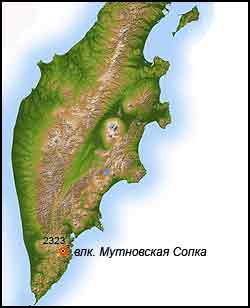 Месторасположение вулкана Мутновская Сопка на карте Камчатки
