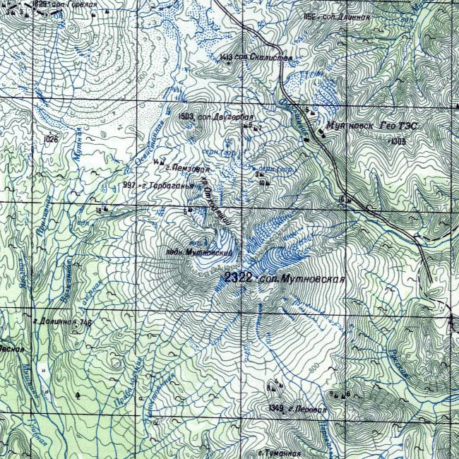 Вулкан Мутновская Сопка на топографической карте Камчатки