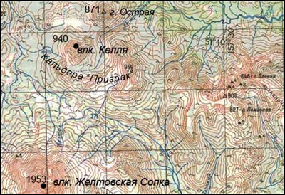 Вулкан Келля и кальдера Призрак на топографической карте
