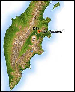 Месторасположение вулкана Шивелуч на карте Камчатки
