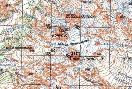 Вулкан Спокойный на топографической карте Камчатки