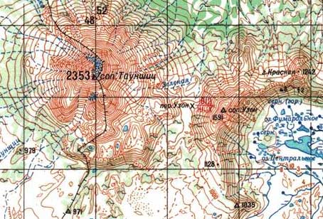 Вулкан Тауншиц на топографической карте Камчатки