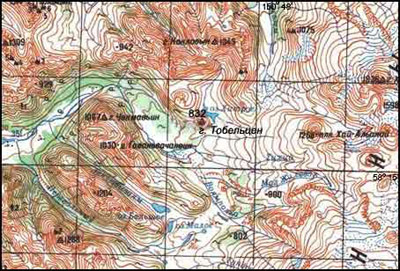 Вулкан Тобельцен на топографической карте Камчатки