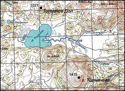 Вулканы Толмачева и Толмачев Дол на топографической карте Камчатки