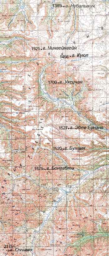 Вулканы Уксичанского вулканического района на топографической карте Камчатки