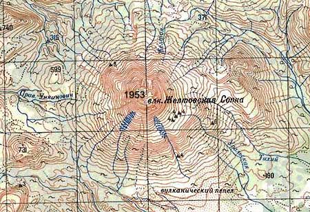 Вулкан Желтовская Сопка на топографической карте Камчатки