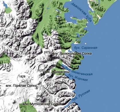 Вулкан Жировской на рельефной карте Камчатки
