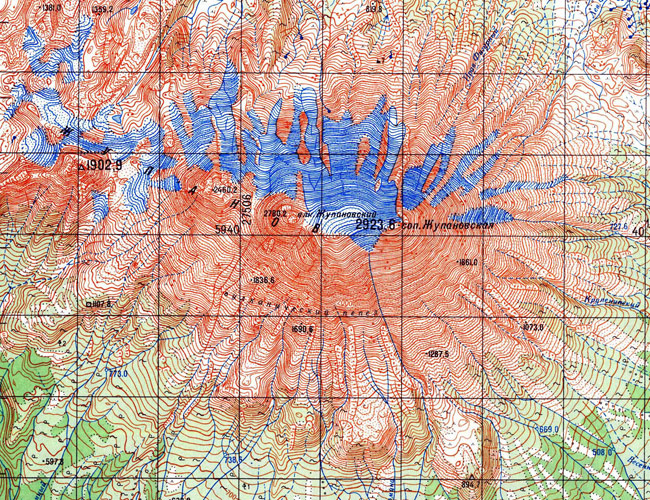 Вулкан Жупановская Сопка на топографической карте Камчатки