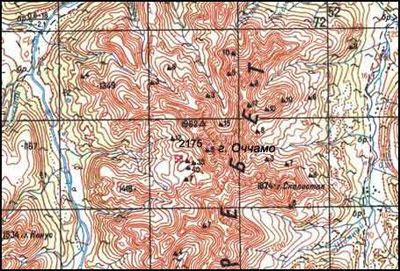 Вулкан Оччамо на топографической карте Камчатки