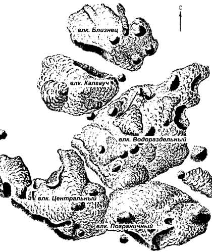 Морфология вулканов Центрального, Пограничного, Водораздельного, Калгауч и Близнец на полуострове Камчатка