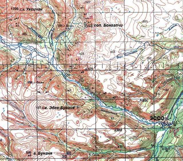 Вулкан Бонгапчи на топографической карте Камчатки