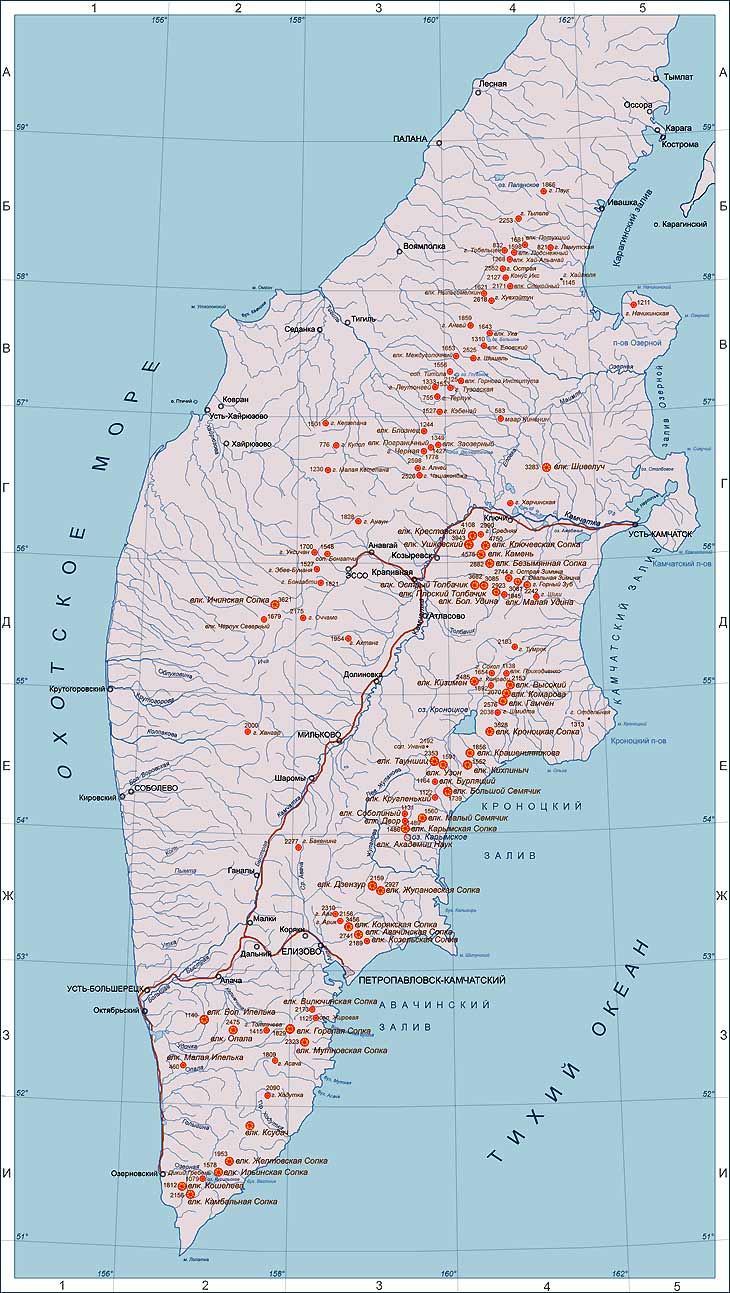 Интерактивная карта вулканов полуострова Камчатка