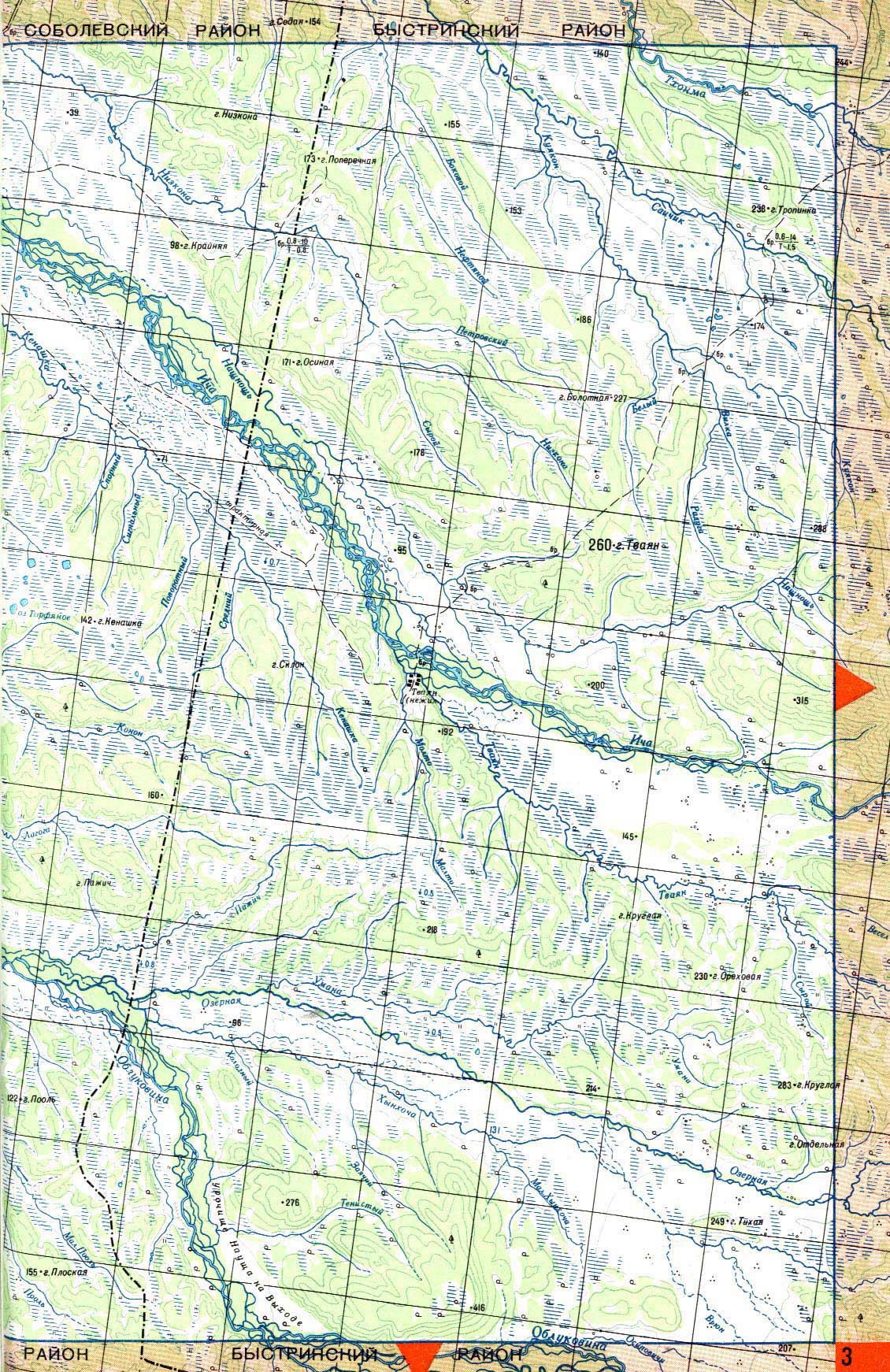 Карта Камчатки: среднее течение реки Ича. Карта Центральной и Южной Камчатки. Топографическая карта Камчатского края