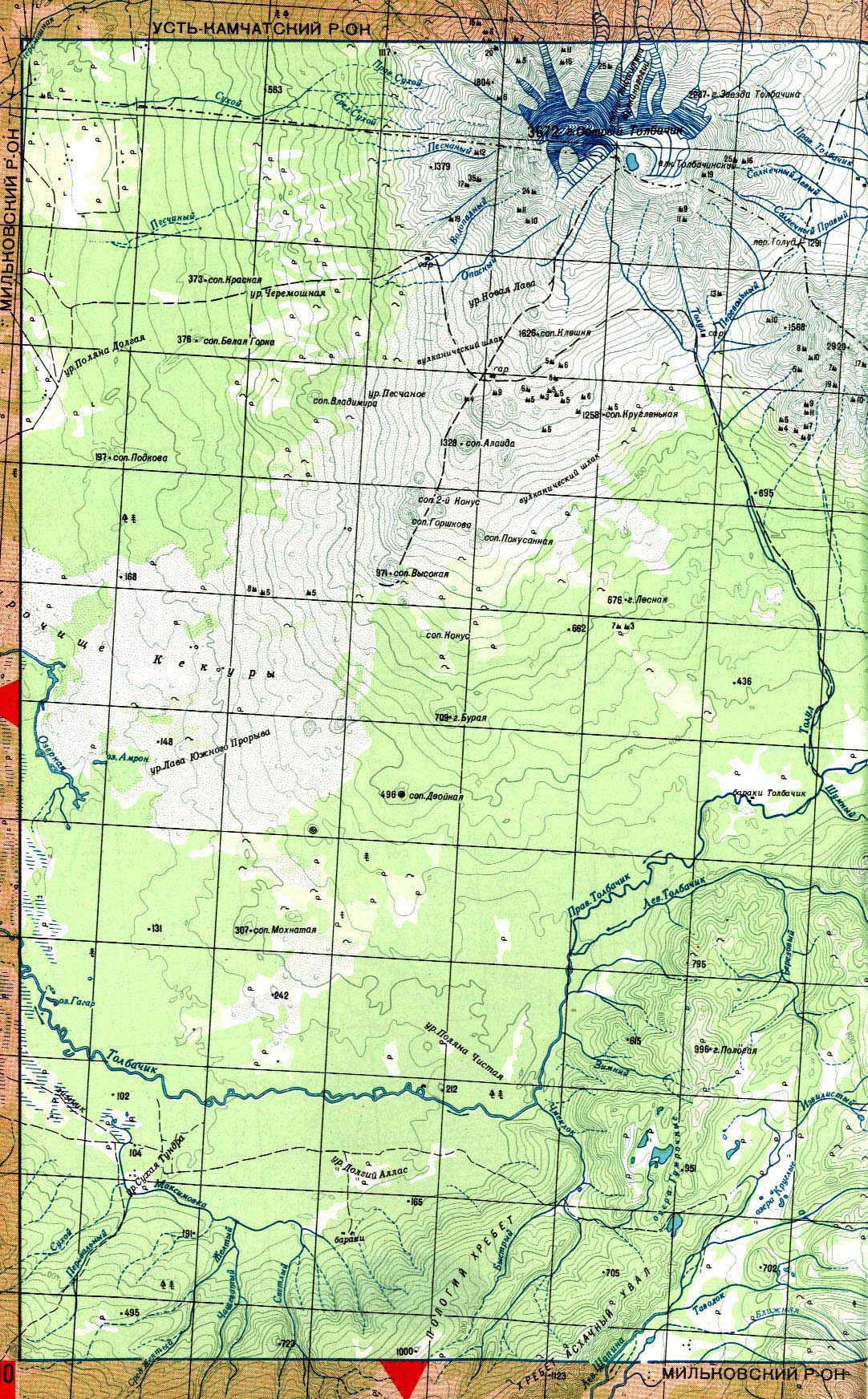 Карта Камчатки: вулкан Толбачик, река Толбачик, урочище Кекуры. Карта Центральной и Южной Камчатки. Топографическая карта Камчатского края