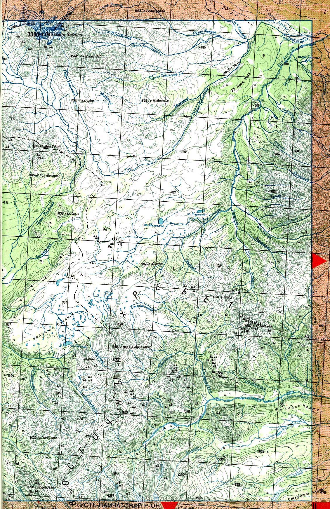 Карта Камчатки: Восточный хребет, река Хапица, река Андриановка, вулкан Овальная Зимина. Карта Центральной и Южной Камчатки. Топографическая карта Камчатского края