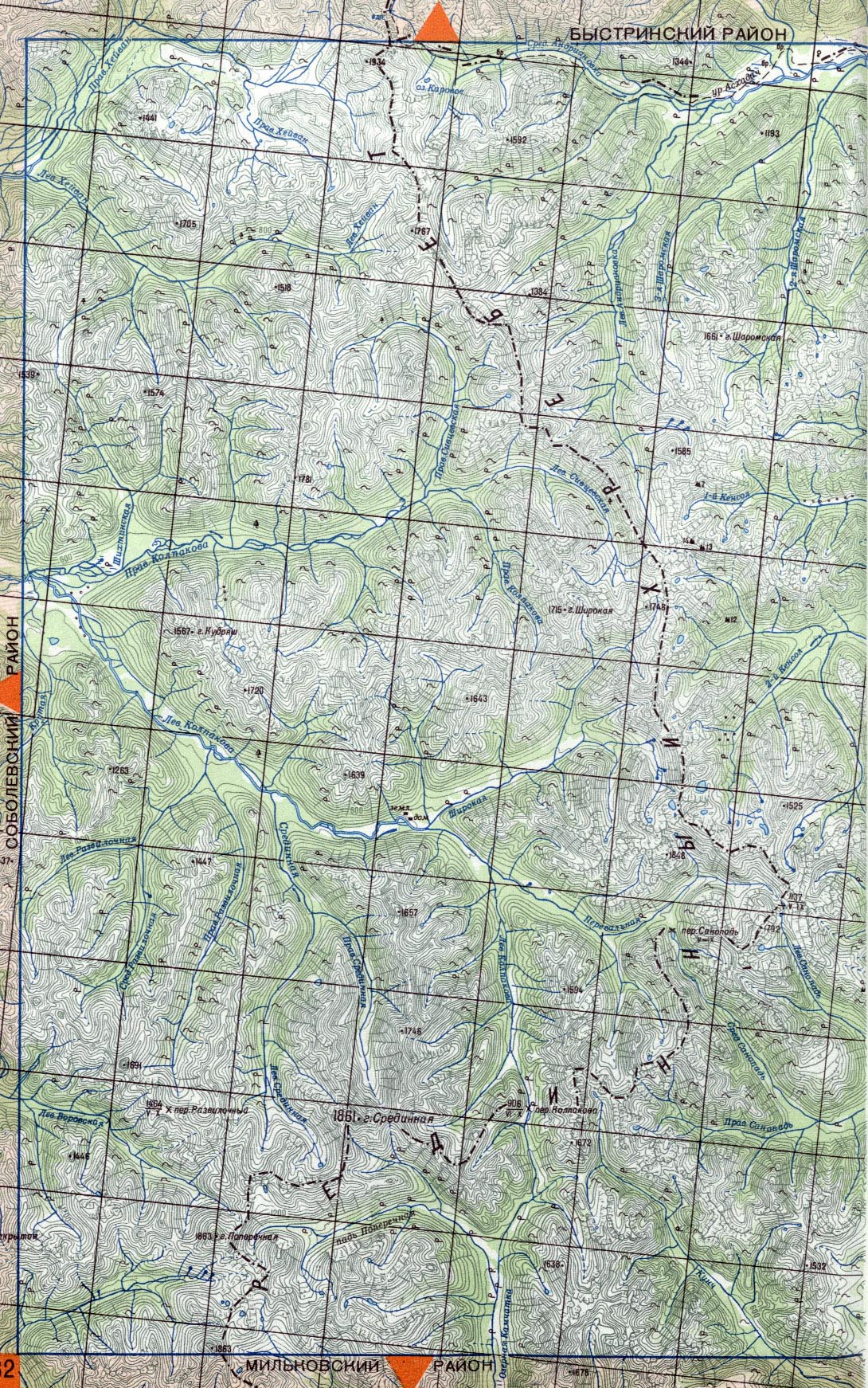 Карта Камчатки: Срединный хребет, река Колпакова, гора Срединная. Карта Центральной и Южной Камчатки. Топографическая карта Камчатского края